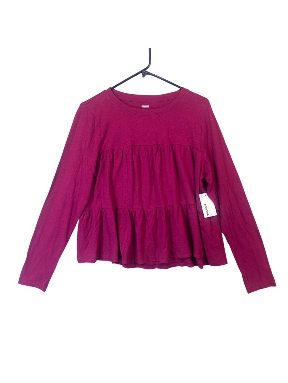 NWT Sonoma Womens Long-Sleeve Tiered Peplum Top Sangria Size L 100% Cotton